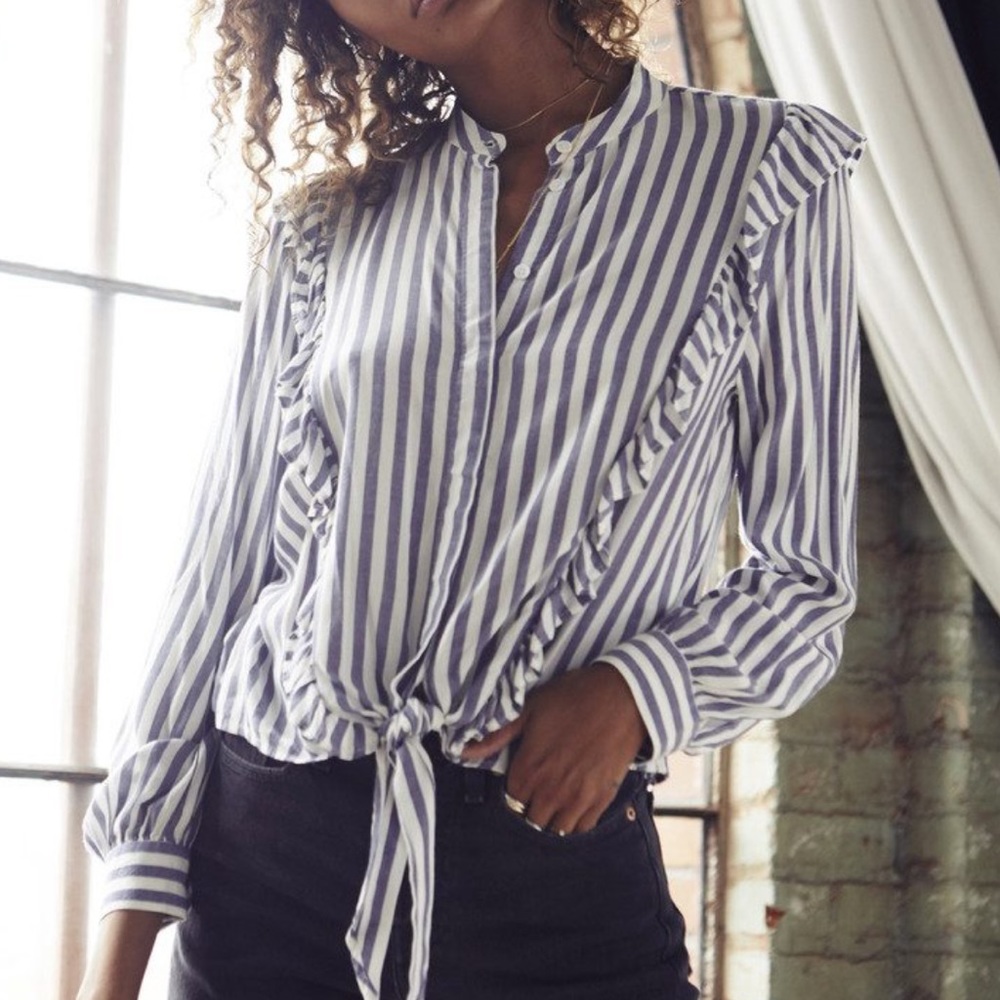 Rails Piper XS ocean blue & white blouse with ruffle detail & waist tie
